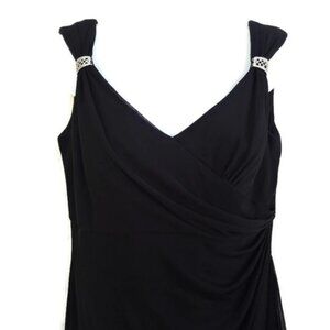 Alex Evenings Black Formal Gown Embellish Rhinestone Strap Detail Draped Slit S